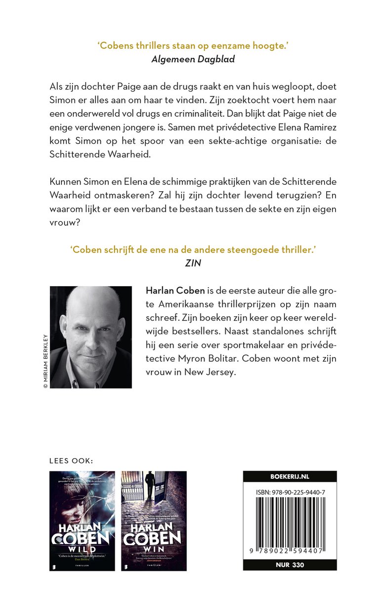 Portret van Harlan Coben met in de achtergrond een recensie van zijn boek en een foto van twee boeken.