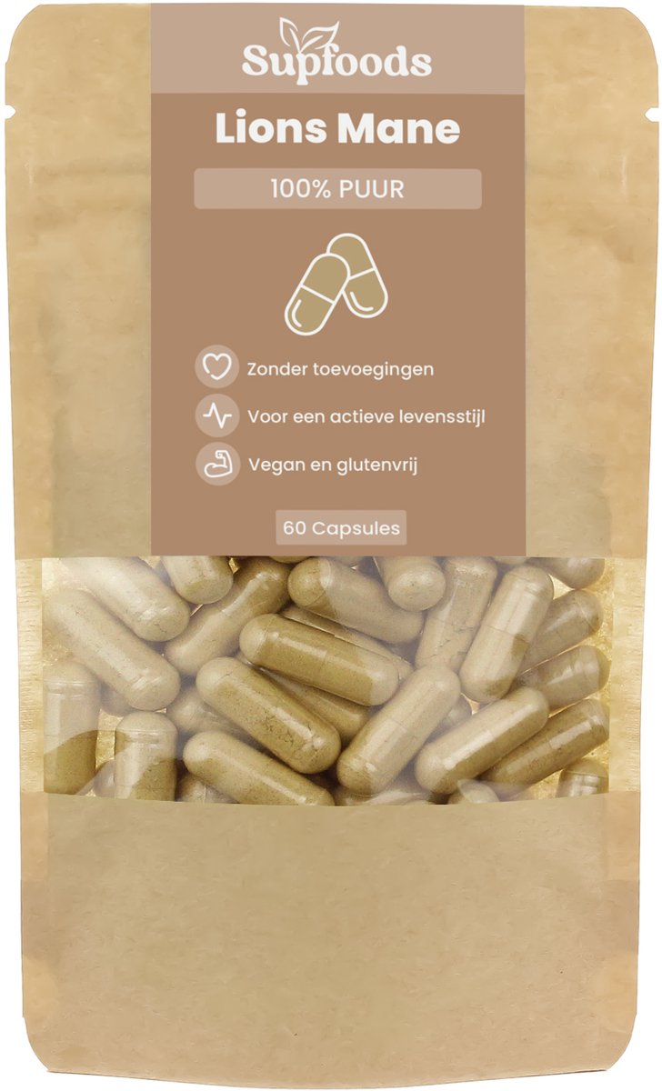 Goedkoopste Lions Mane Capsules 100 Puur - 60 Capsules - 450 mg per Capsule - Gemaakt van Puur Lion's Mane Paddenstoelen (Pruikzwam) - Lions Mane is Vegan en Vrij van Toevoegingen
