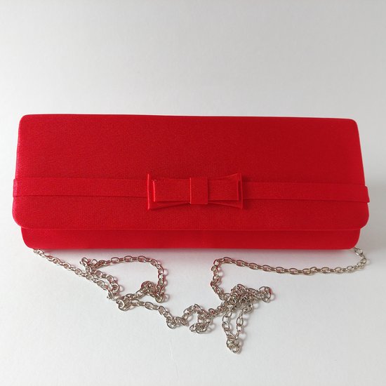 Sac de soirée - pochette - modèle enveloppe - rouge - satin - bandoulière chaîne - devant avec nœud - chic - gala - sac de mariage