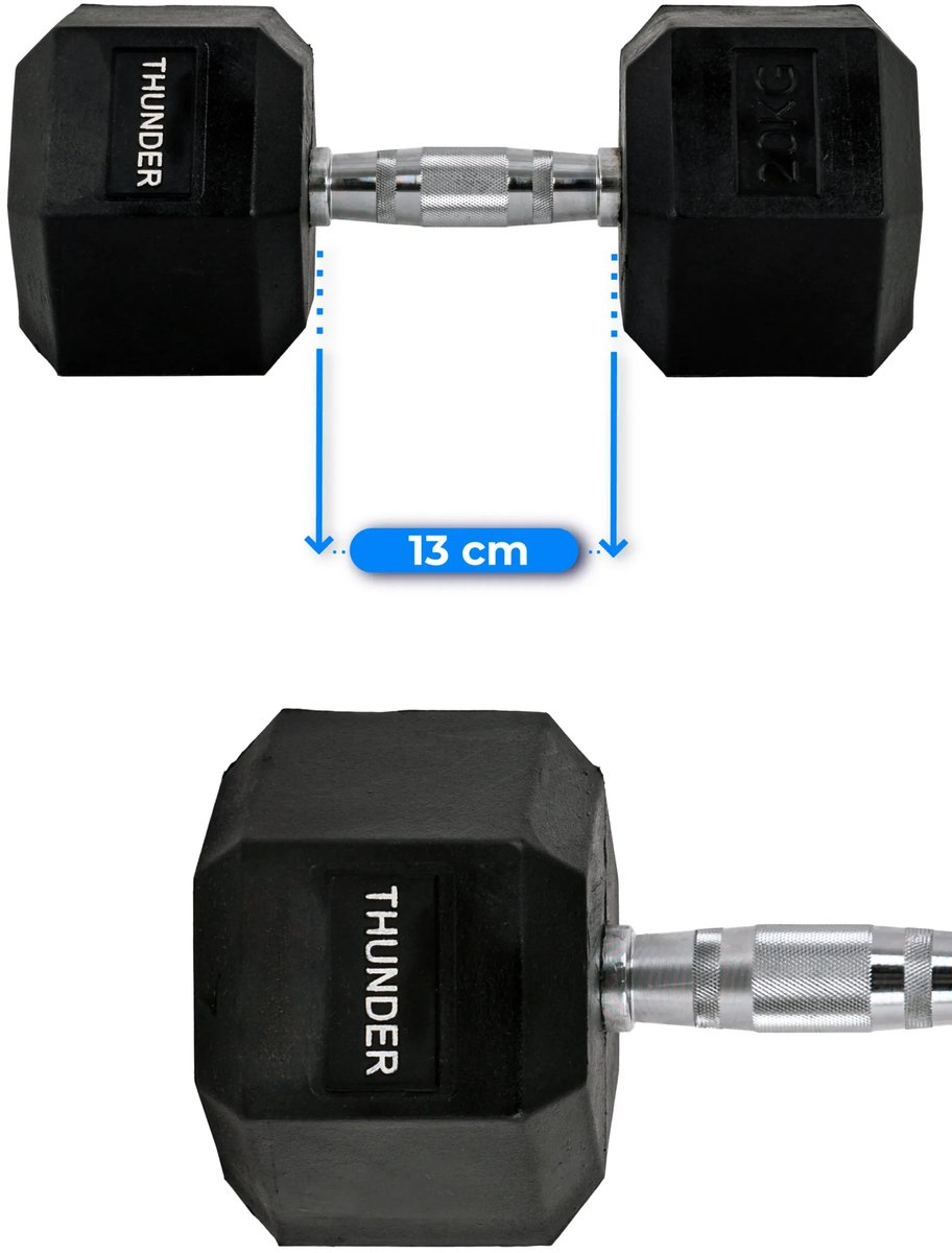 THUNDER® HEXAGONAL-DUMBBELLS-20KG Zwarte Rubberen Halter Stalen Kern Voor Krachttraining & Fitness Antislip Duurzaam & Professioneel Per Stuk - Stevige Grip – foto 4