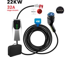 JUNSUN Draagbare 22kW 32A 3-Fase EV Laadkabel - Type 2 Laadpaal , 4M Kabel + LCD Scherm & Opbergtas - 6A/8A/10A/13A/16A/20A/24A/32A Schakelbaar - IEC62196-2 & IP67