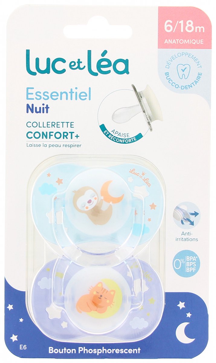 Luc et Léa Essentiel Nuit 2 Anatomische Fopspenen Comfort Kraag + 6-18 Maanden