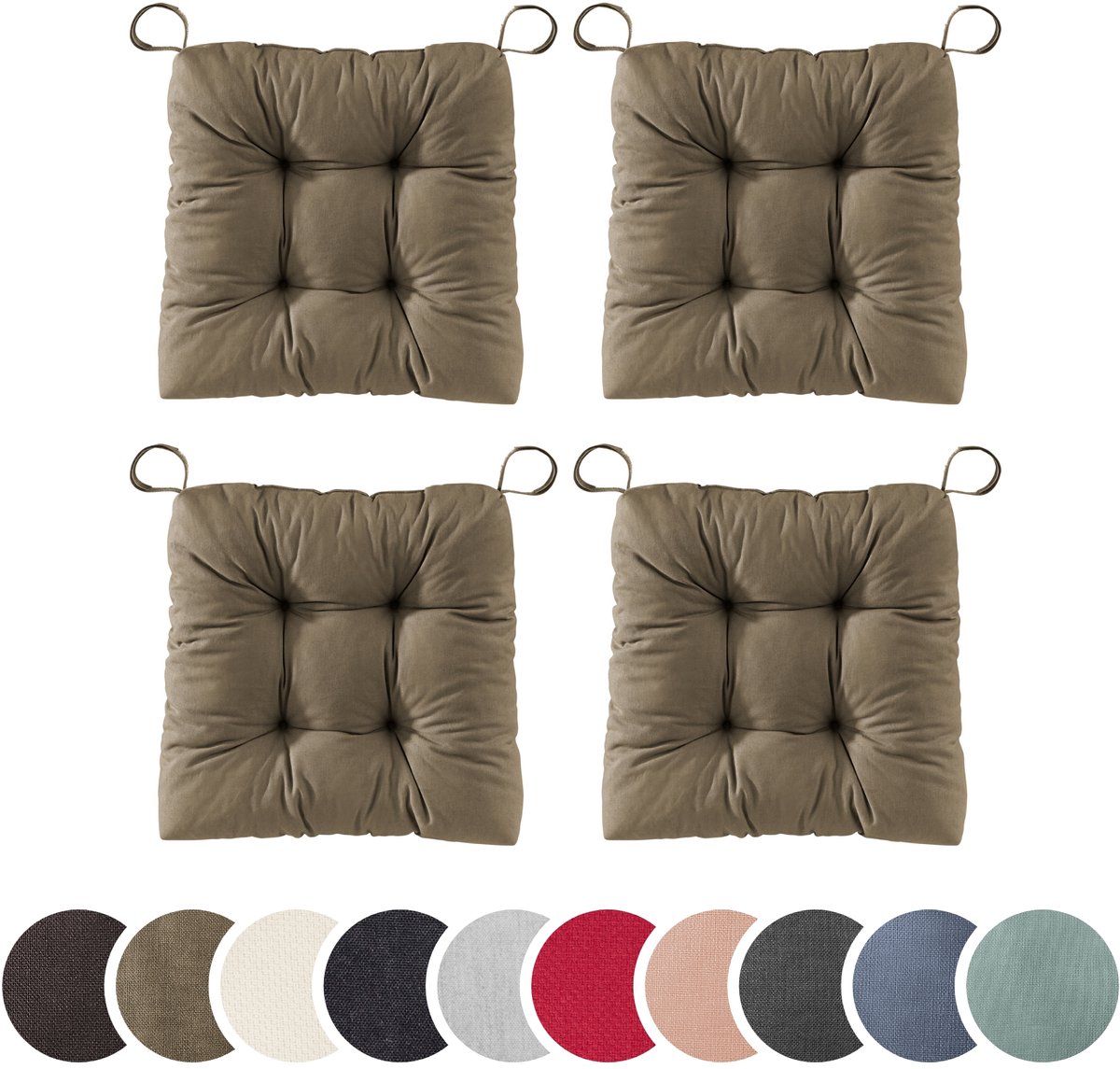 sleepling set van 4 stoelkussens Basic 20 | 40 (voorkant) / 35 (achterkant) x 38 x 7 cm | zitkussen voor binnen en buiten | hoes van 100% katoen | met klittenband | Made in EU | taupe