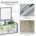 Grijze houten mini-kas met polycarbonaat panelen, met tekst die verwijst naar massief hout en transparante polycarbonaatplaten.