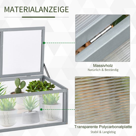 Grijze houten mini-kas met polycarbonaat panelen, met tekst die verwijst naar massief hout en transparante polycarbonaatplaten.
