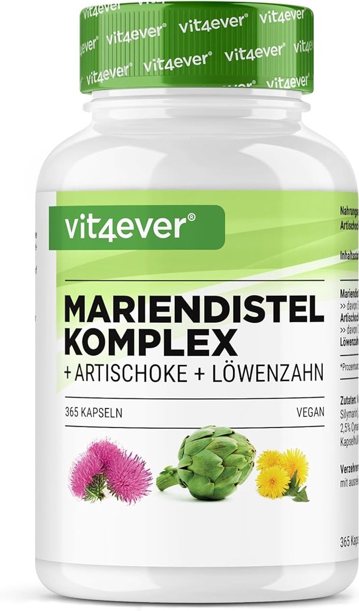 Mariadistel artisjok paardenbloem complex - 365 capsules (6 maandvoorraad) - hoge dosering met 80% silymarine & 2,5% cynarine - laboratoriumgetest - veganistisch - Vit4ever