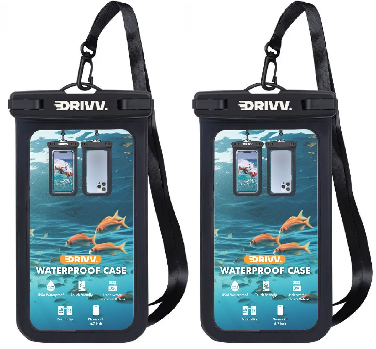 Drivv. Waterdicht Telefoonhoesje – Set van 2 - Dubbele Klipsluiting - Tot 6.7 inch – Onderwater Hoesje Telefoon - Zwart