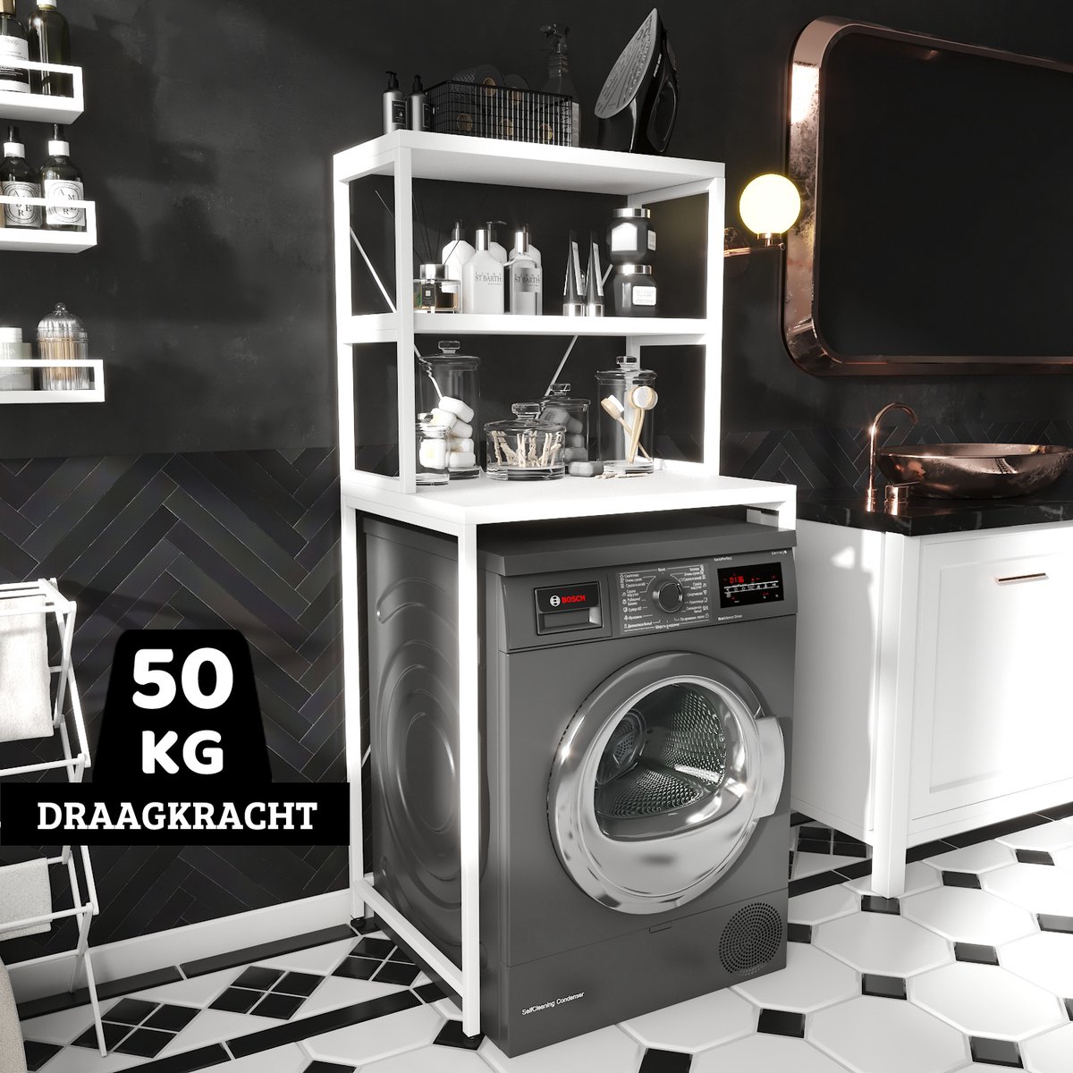 AirSleeperz® wasmachine kast - Droger Ombouw Meubel - Wit Metaal - 3 etages - 50x68x155 cm