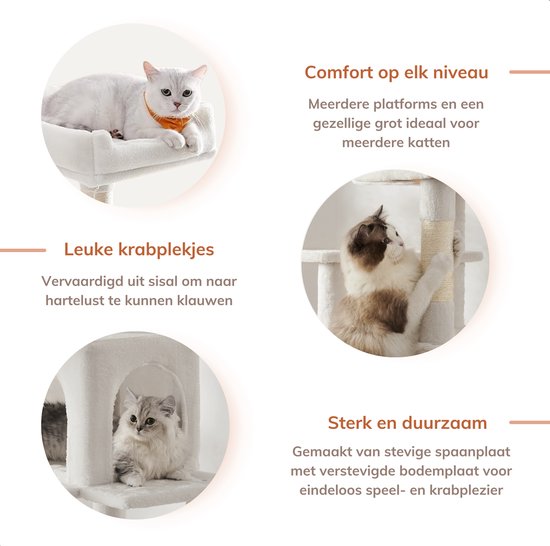 Collage de chats sur un arbre à chat blanc avec du texte sur le confort, les possibilités de griffes et la durabilité.