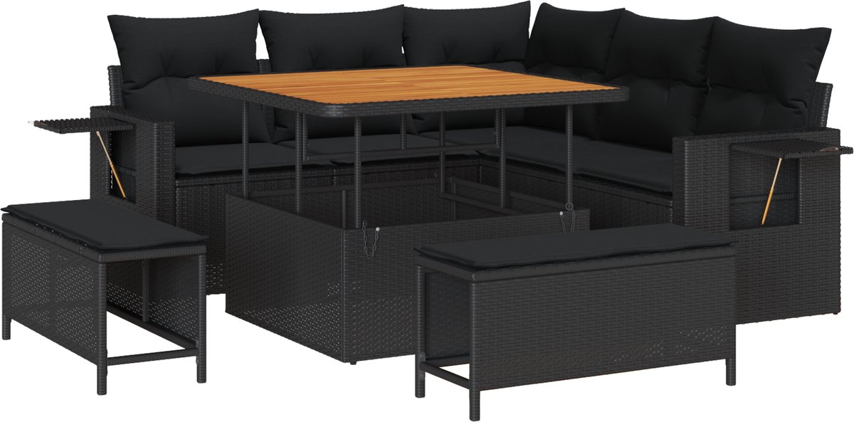 vidaXL - Tuinbank - Set - met - kussen - 8 - pcs - Zwart - poly - rattan