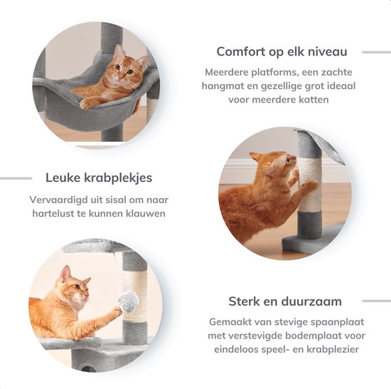 Grijze kattenkrabpaal met hangmat, plateaus, huisje en krabpalen. Katten krabben aan sisal. Katten spelen met bal.