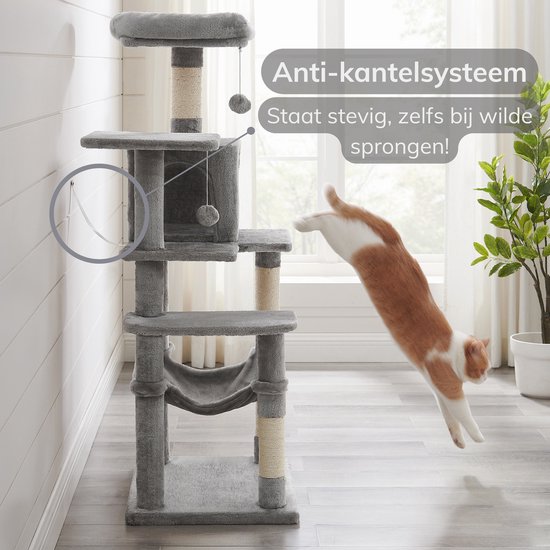 Grijze kattenkrabpaal met een kat die er vanaf springt. Anti-kantelsysteem voor stabiliteit.