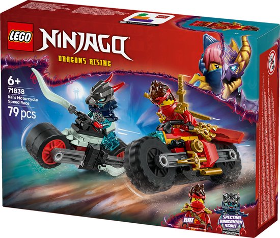 LEGO Ninjago Kai's Motorrace speelgoeddoos met twee racende motoren, rood en blauw.