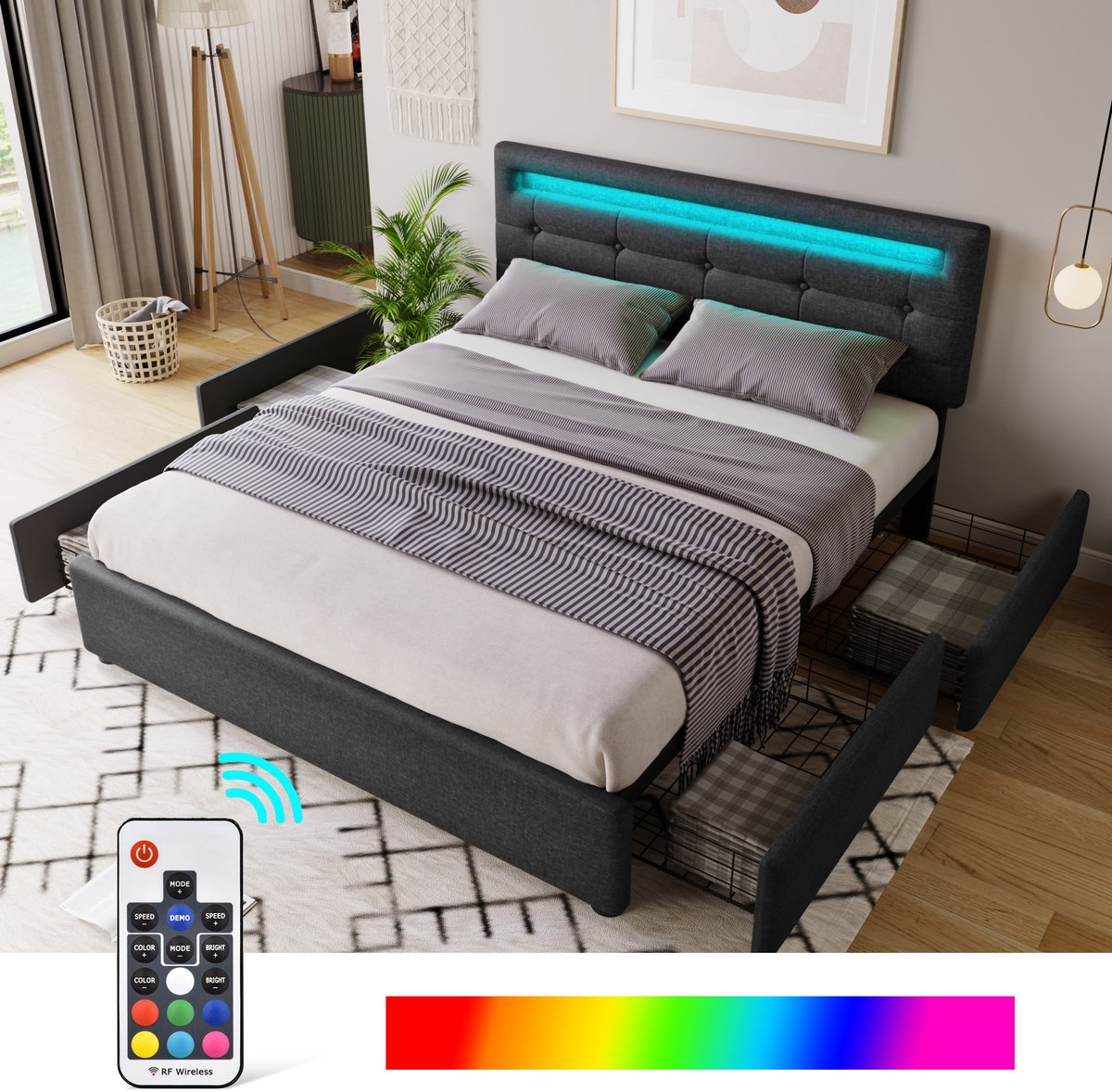 Gestoffeerd bed met LED-verlichting en 4 lades - tweepersoonsbed - 140x200cm - Verstelbaar