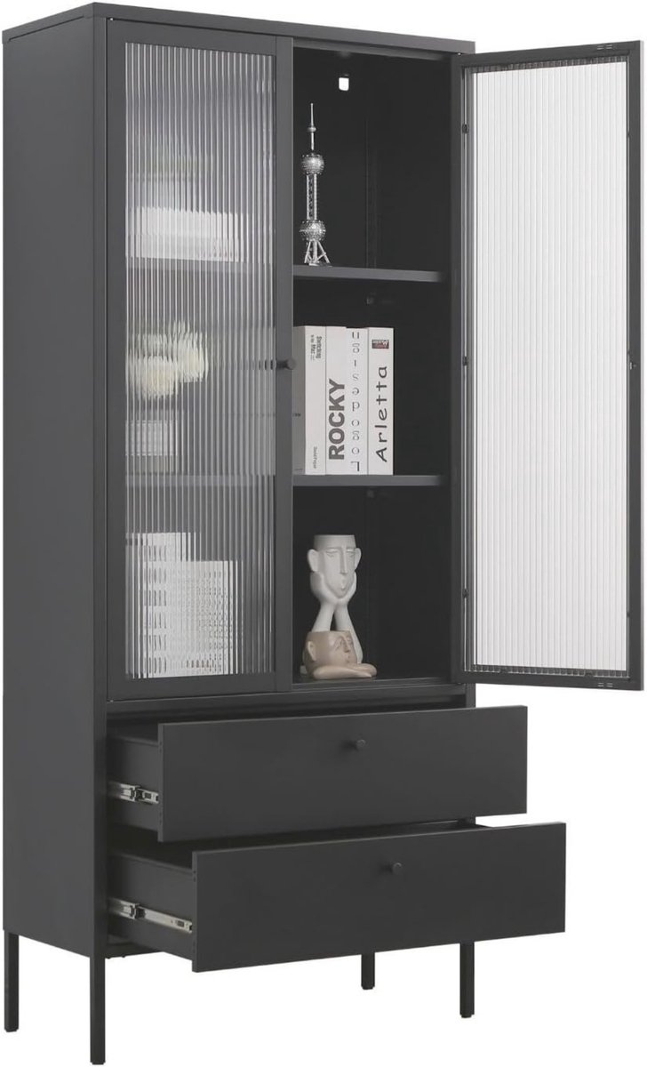 Coemo vitrinekast - gebruik het als boekenkast, keukenkast Mein-Regal Paris kast zwart industriële stijl woonkamer meubels studeerkamer - metalen vitrinekasten laden, deuren, planken - multifunctionele kast LxBxH 80x35x180 cm