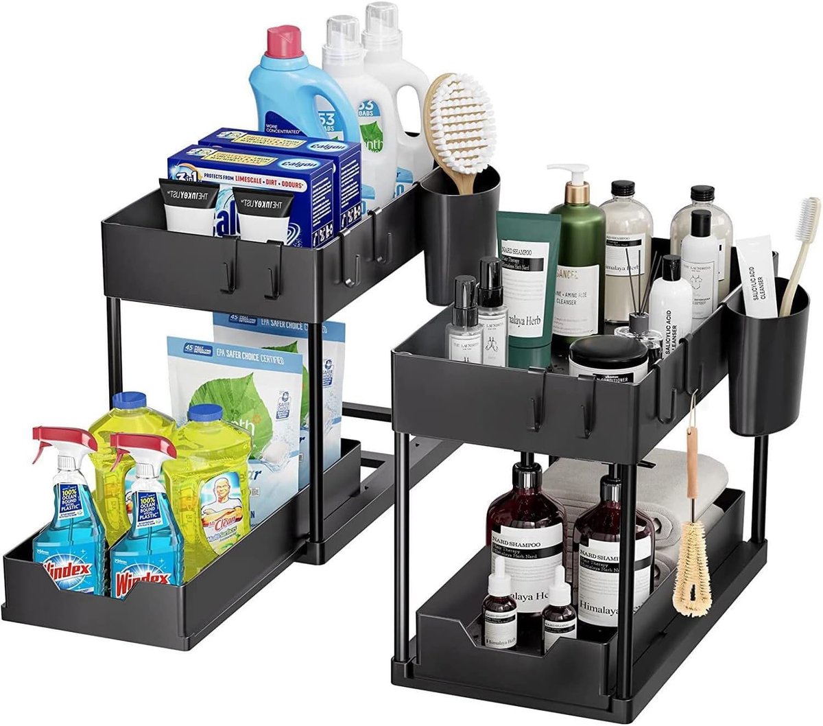 Gootsteen Organizer Aanrecht Organizer 2-pcs - Zwarte Keuken Organizers Set - Vaatdoekhouder Sponshouder - ABS Kunststof Gootsteenrek