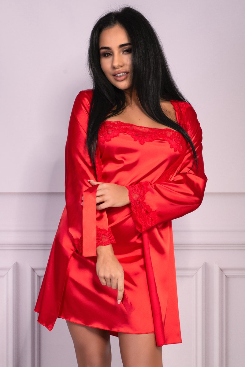Lingerie Set Rood - Sexy Badjas + Slipdress + String - Maat: L/XL - Model: Jacqueline