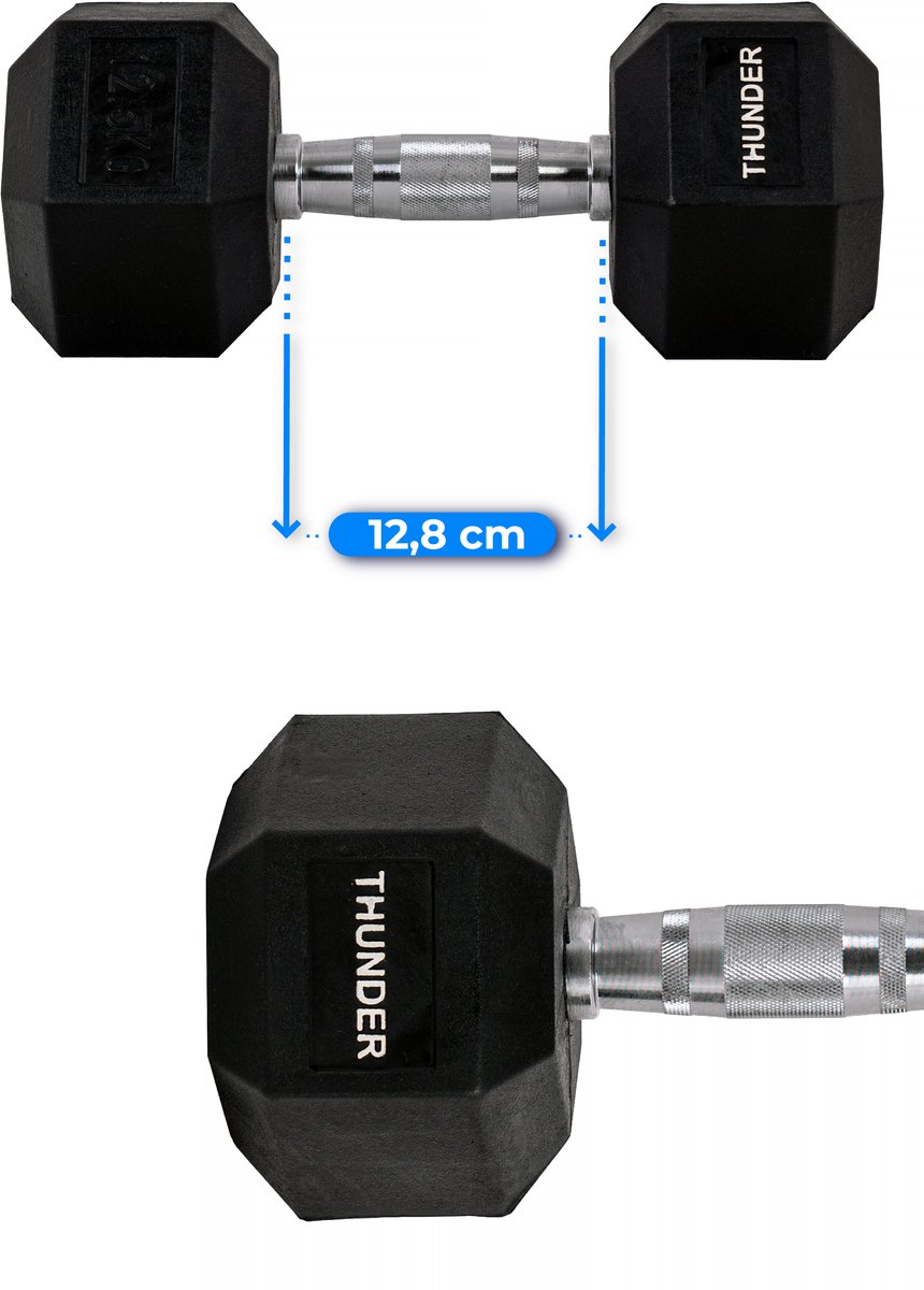 THUNDER® HEXAGONAL-DUMBBELLS-12,5KG Zwarte Rubberen Halter Stalen Kern Voor Krachttraining & Fitness Antislip Duurzaam & Professioneel Per Stuk - Stevige Grip – foto 4