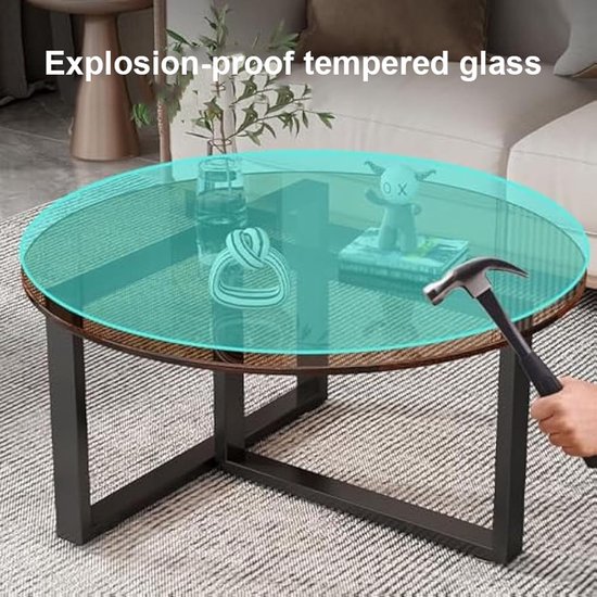 Moderne 60cm Zwarte Ronde Glazen Salontafel met Gehard Glas Desktop en ...