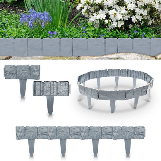 UISEBRT Kunststof gazonrand 5 m, kantopsluiting in steenlook, bedomranding maaibegrenzing, voor tuin, border, bloemperk, 25 x 23 cm, 20 stuks, antraciet