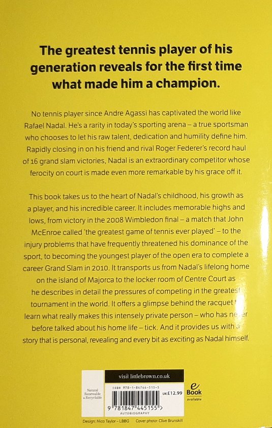 Achterkant van een boek met tekst over Rafael Nadal, zijn carrière en het boek "Rafa: My Story".