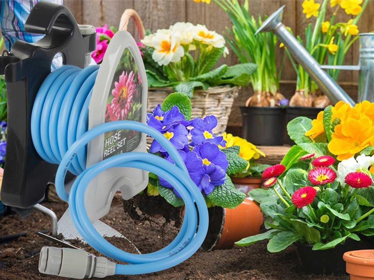 Tuinslang 10 Meter met Standaard – Inclusief 7-in-1 Spuitpistool – Compact, Lichtgewicht en Weerbestendig Hoge Druk tuinslanghaspel - tuinslang gardena - tuinslang koppelingen – Blauw - 65311 – foto 8