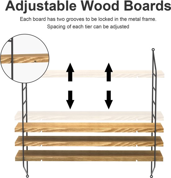 Illustratie toont 3 houten planken die aan een zwart metalen frame hangen, met pijlen die de verstelbare hoogte van de planken aangeven.