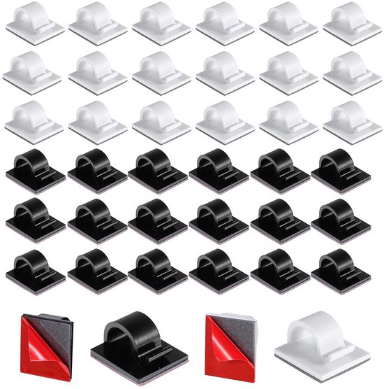 Zelfklevende kabelklemmen, 100 stuks, in zwart en wit, 16 x 13 mm, kabelklem set voor TV, PC, keukenapparatuur, lamp, etc., zelfklevende kabelhouders, kabelhouders voor muur, plafond, vloer