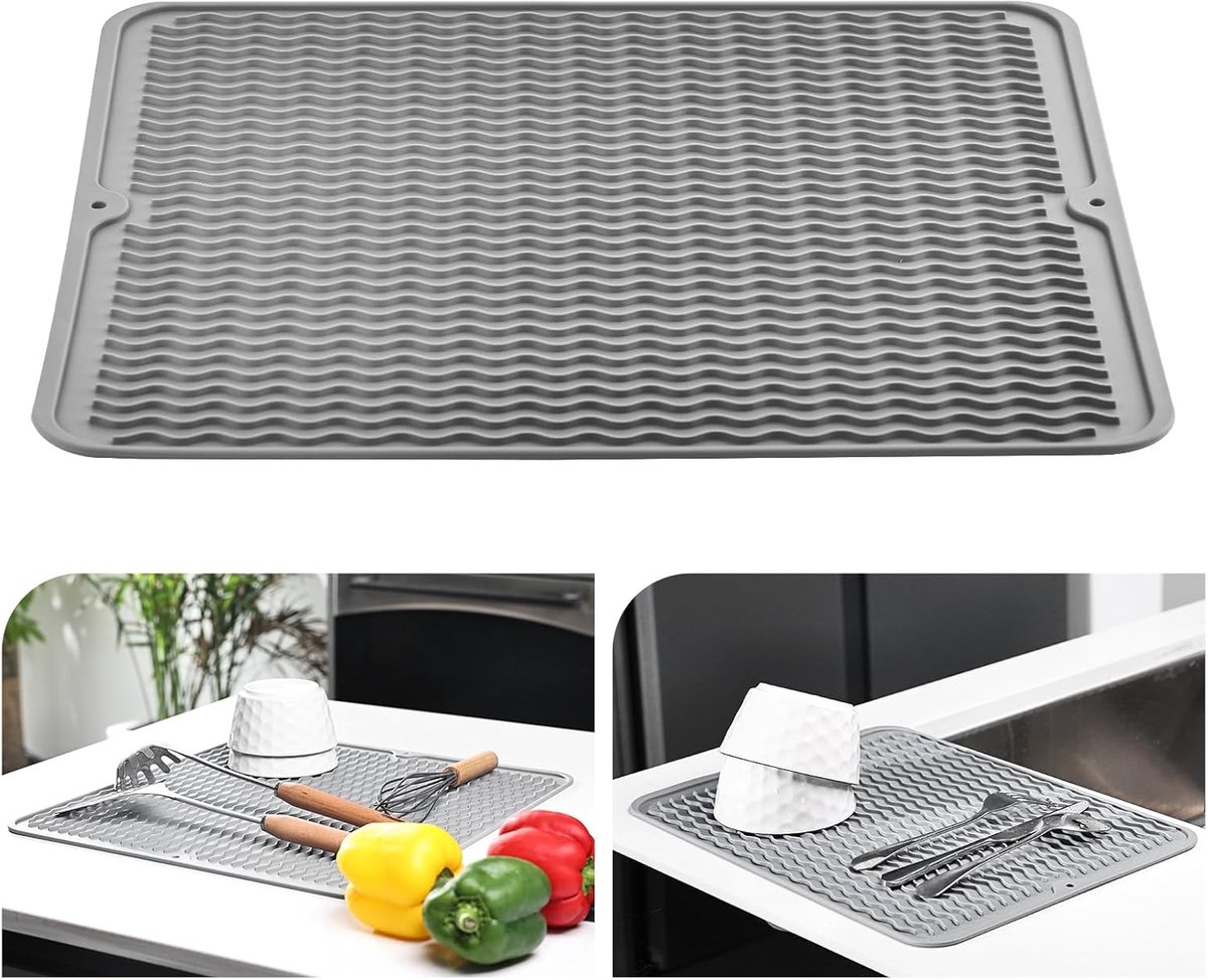 Goedkoopste Siliconen droogmat, hittebestendige droogmat voor keuken, antislip siliconen onderzetter, tafelmat, pannenlap, placemat, lepelsteun, onderzetter (grijs, 40x45cm
