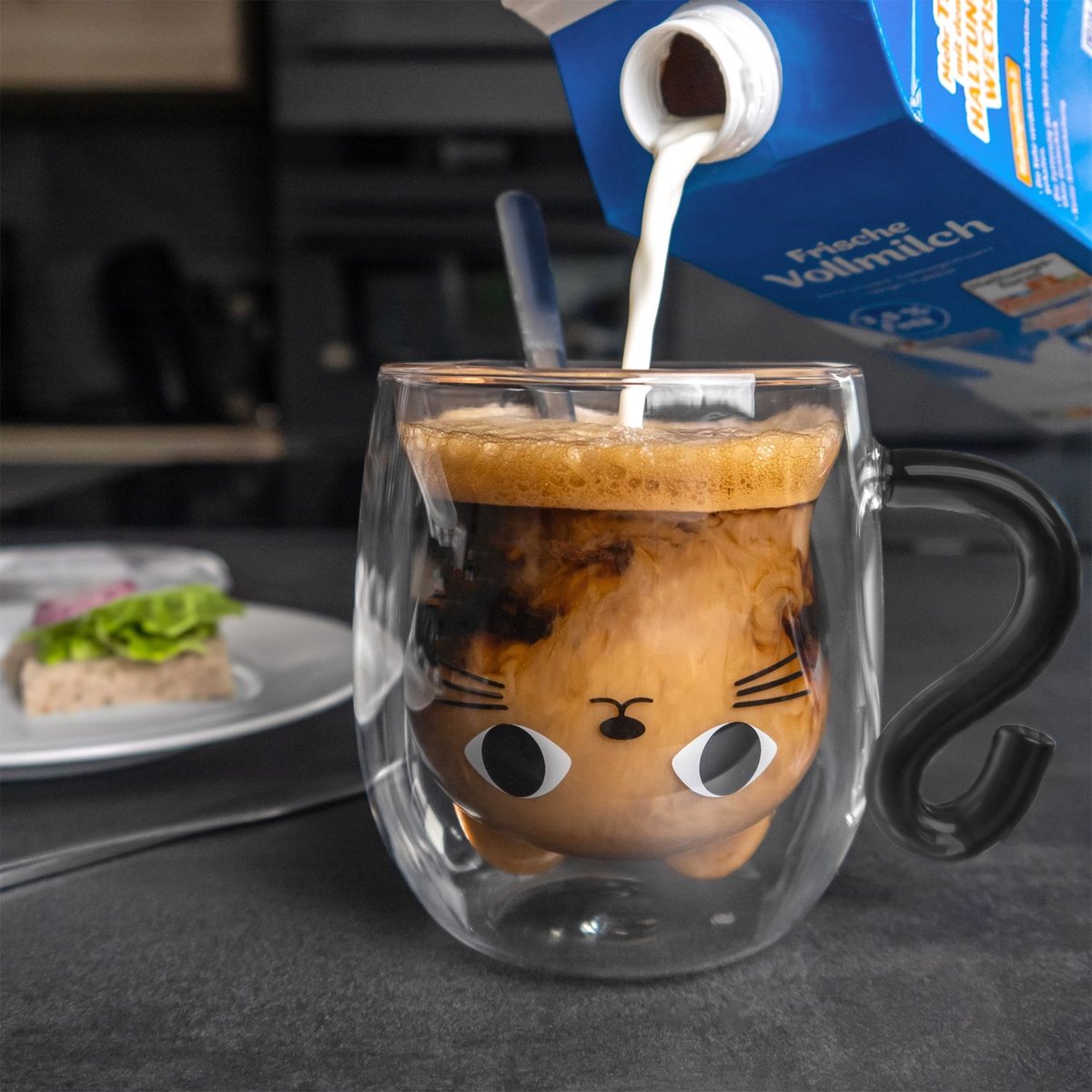 Intirilife 6x thermo glas dubbelwandig met kat design in zwart - 200ml inhoud - geïsoleerde glazen mok hittebestendig voor koude en warme dranken koffie kop thee kop drinkglas — cadeau in Koken & Dineren - foto 4