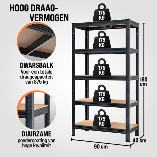 MONZANA 2x Armoire Etagère Sans Vis - 180x90x40cm Total 1750kg - Zwart