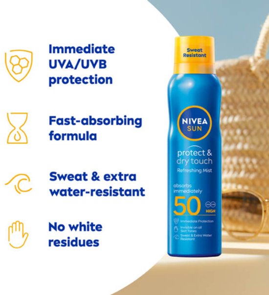 NIVEA SUN Protect & Dry Touch Vernevelende Zonnebrand Spray - SPF50 - Sport Zonnespray - Waterproof - UVA/UVB - 200ml