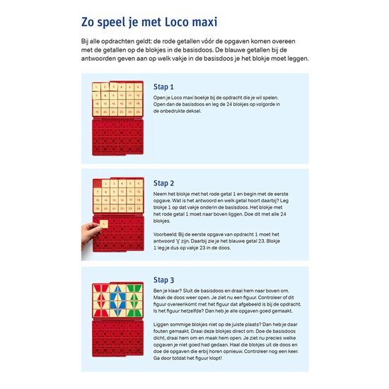 Instructies met rode Loco maxi basisdoos, blauwe basisdoos en blokjes.