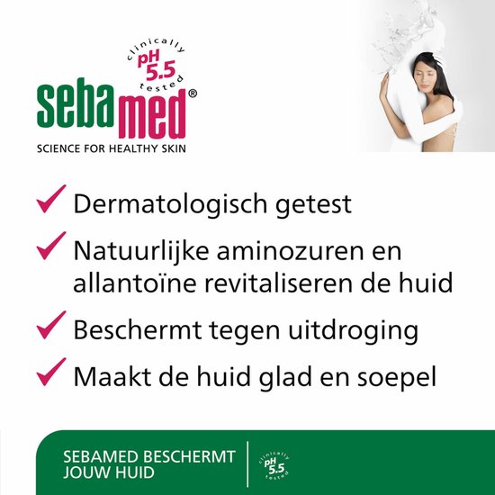 Tekstuele promotie van Sebamed: "Dermatologisch getest", "Natuurlijke aminozuren en allantoïne revitaliseren de huid", "Beschermt tegen uitdroging", "Maakt de huid glad en soepel".