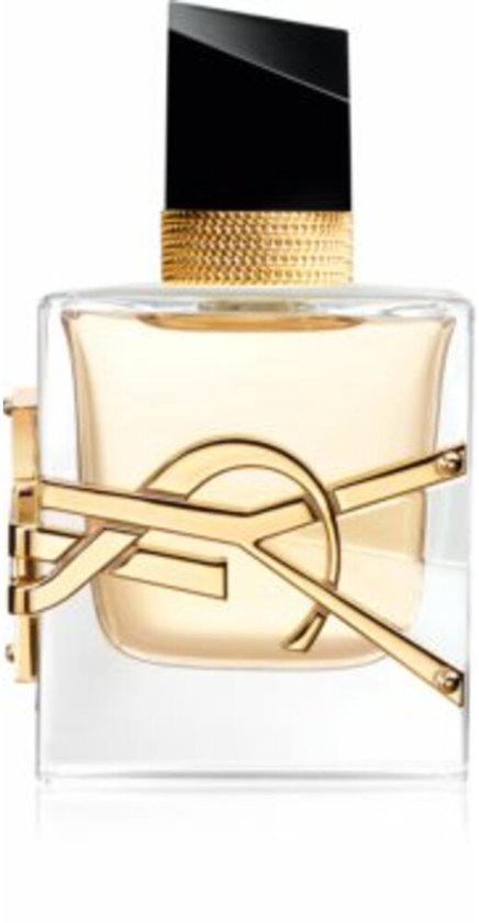 YSL Libre Eau de Parfum damesparfum, gouden YSL logo, gouden kettingdetail, zwarte dop.