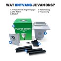 Inhoud van de verpakking: Groen met witte opdruk doos met "Vulpes Goods Bird Repeller", handleiding, statiefdelen, USB-kabel en adapter.
