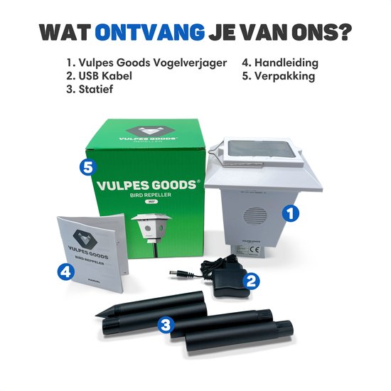 Inhoud van de verpakking: Groen met witte opdruk doos met "Vulpes Goods Bird Repeller", handleiding, statiefdelen, USB-kabel en adapter.