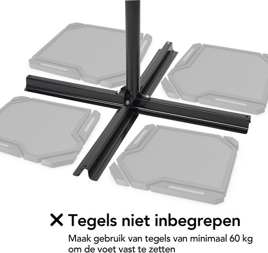 Zwarte kruisvoet voor een parasol met vier grijze tegels (niet inbegrepen) ter verzwaring.