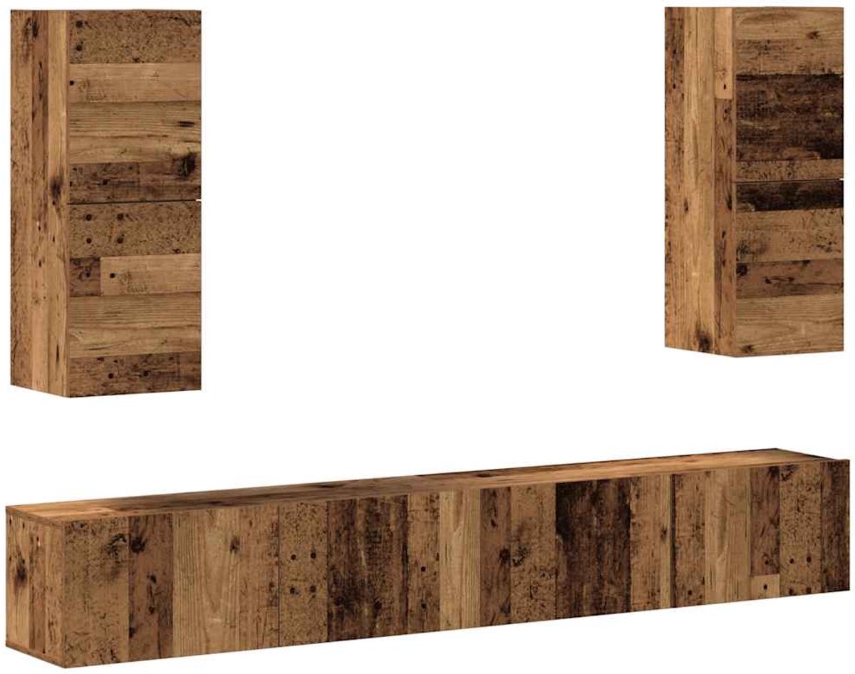 vidaXL - 4-delig - Tv-meubelset - wandmontage - bewerkt - hout - oud - houtkleurig