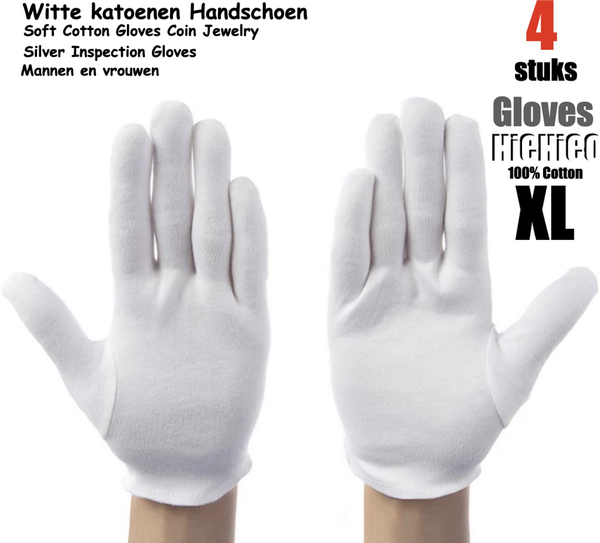 Katoenen handschoenen wit XL 4 stuks – 2 paar Beschermende Handschoenen - Gezondheidszorg - Ziekenhuis - Beauty Center, Kapper en Salon Spa Tattoo – Jewelry - eczeem / allergie / handcreme - juweliers / munt handschoen