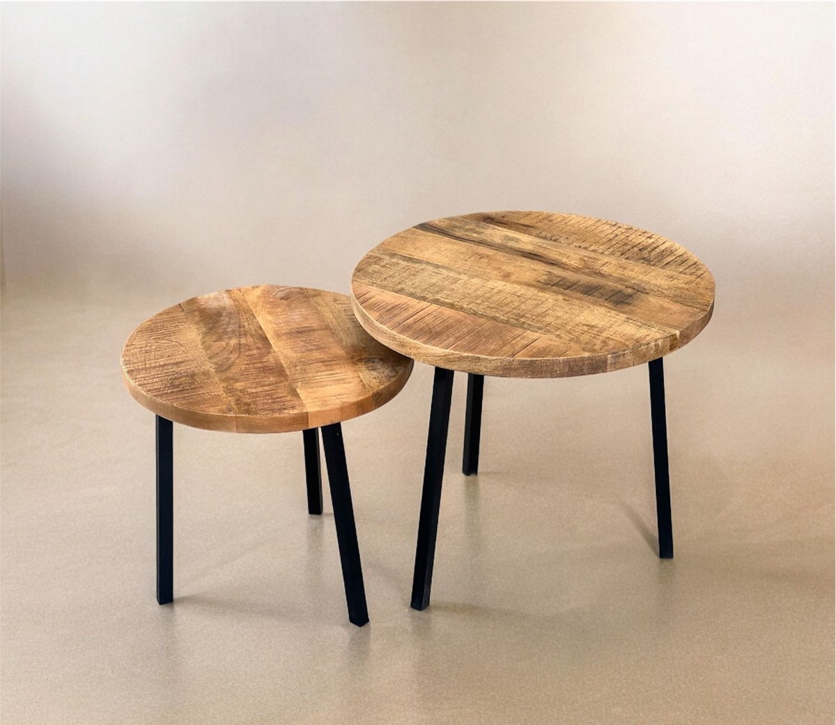 Bijzettafel Set van 2 – Rond Mangohout & Metaal – Tijdloos Industrieel Design