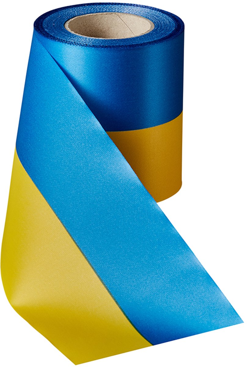 Rouwlint sierlint sjerp 100 MM blauw-geel bedrukbaar composteerbaar rol 25 meter