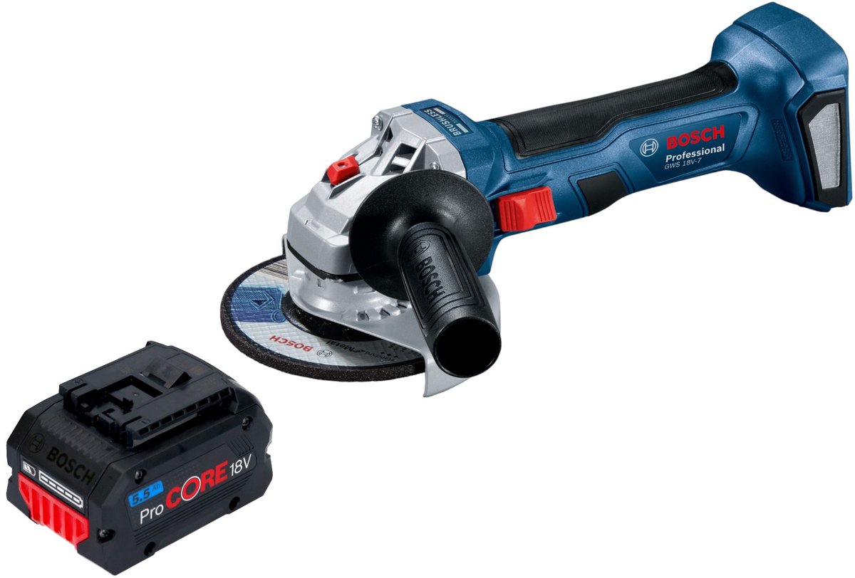 Bosch GWS 18V-7 Profi-accu haakse slijper 18 V 115 mm borstelloos + 1x ProCORE accu 5,5 Ah - zonder lader