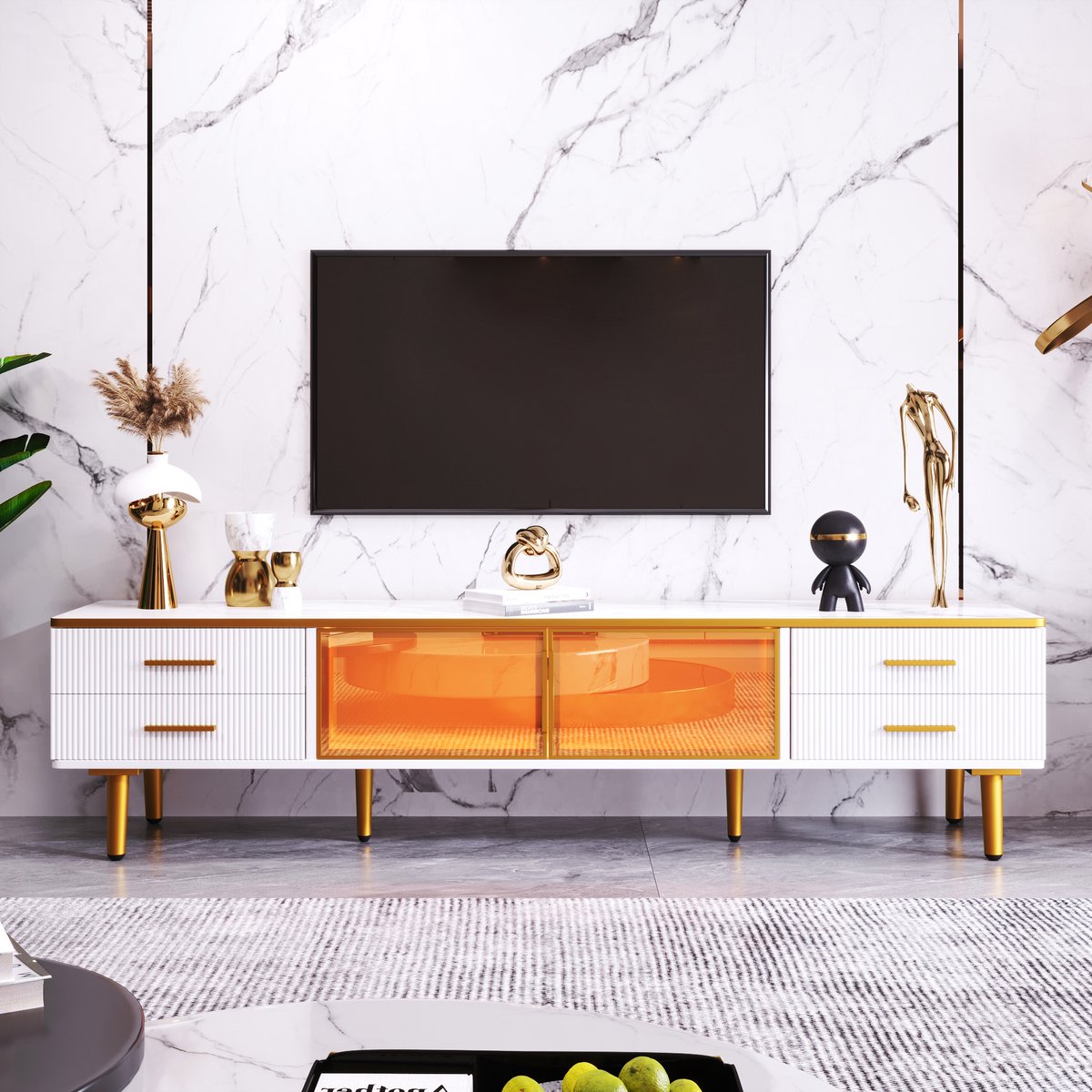 Tv-meubel in marmerlook - 4 poten - 4 lades met gouden handgrepen en twee bruine deuren van gehard glas - 170 x 37 x 47 -5 cm