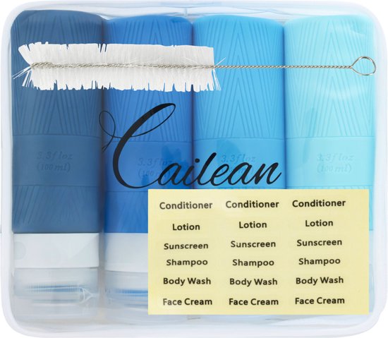 Cailean - Bouteilles de voyage avec étui - 4 Pièces - 100 ml - Barre de recharge - Bagage à main - Silecone - Accessoires de voyage - Ensemble de voyage - Durable - Bouteilles de voyage