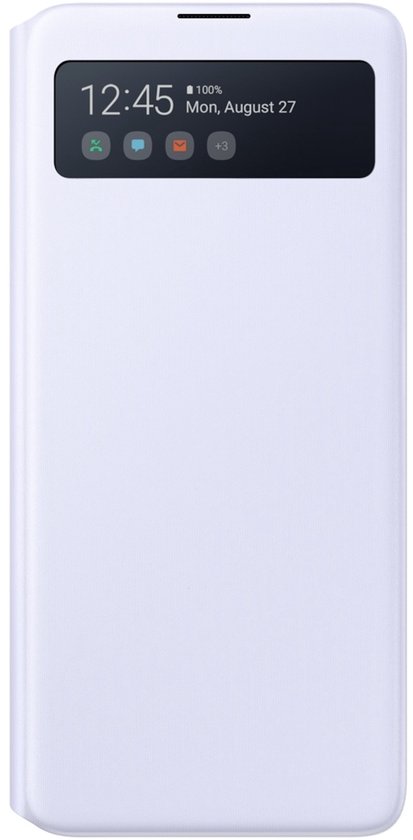 Étui de téléphone blanc avec fenêtre de visualisation. Affiche 12:45, batterie 100%, Lundi 27 Août.