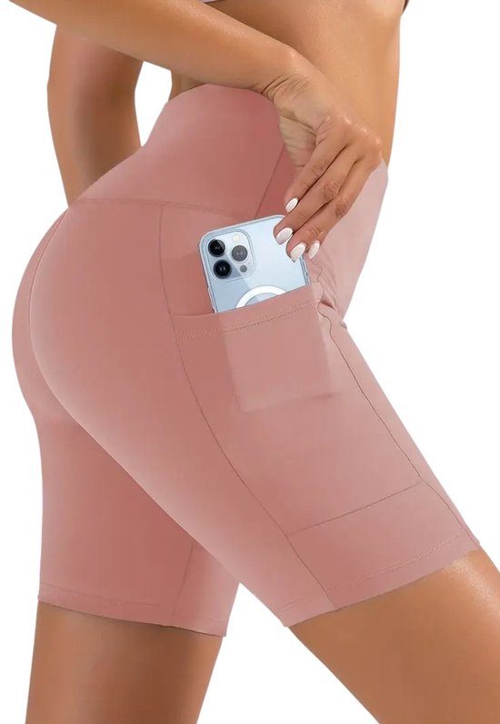 Foto: Softflow korte sport broek met zakken half lang super soft short pocket legging short dames sportbroek sportlegging korte broek met zakken comfortabel roze maat s