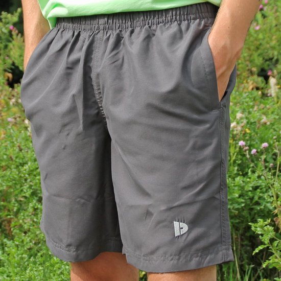 Donkergrijze sportbroek met elastische tailleband en zakken, logo op rechterpijp.