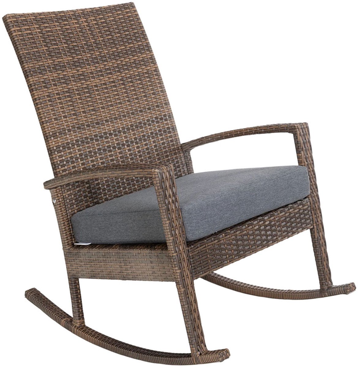 Luna Rocking chair - Schommelstoel buiten - Bruin poly rattan - Grijs Kussen - Tuinstoel schommelstoel - tuinmeubelen - loungemeubel outdoor voor terras, balkon, wintertuin