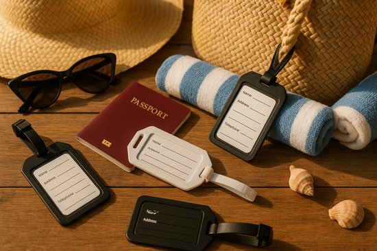 Drie kofferlabels op een houten ondergrond, naast een paspoort, zonnebril, hoed en strandlakens.